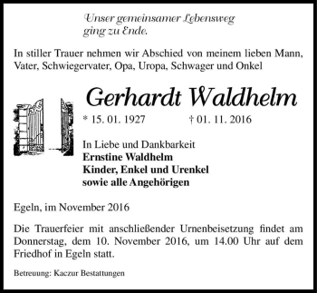 Traueranzeige von Gerhardt Waldhelm  von Magdeburger Volksstimme