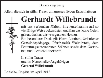 Traueranzeige von Gerhardt Willebrandt  von Magdeburger Volksstimme