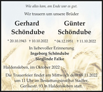 Traueranzeige von Gerhard und Günter Schöndube  von Magdeburger Volksstimme
