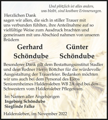 Traueranzeige von Gerhard und Günter Schöndube  von Magdeburger Volksstimme