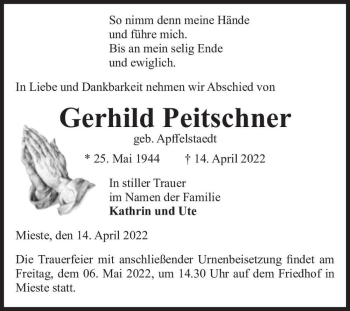 Traueranzeige von Gerhild Peitschner (geb. Apffelstaedt)  von Magdeburger Volksstimme