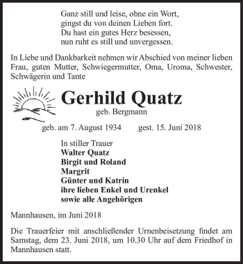 Traueranzeige von Gerhild Quatz (geb. Bergmann)  von Magdeburger Volksstimme