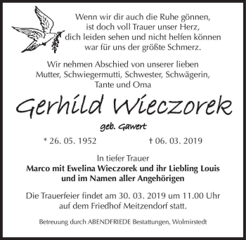 Traueranzeige von Gerhild Wieczorek (geb. Gawert)  von Magdeburger Volksstimme