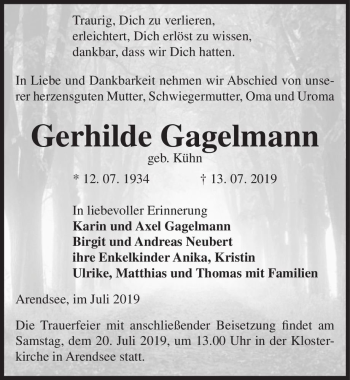 Traueranzeige von Gerhilde Gagelmann (geb. Kühn)  von Magdeburger Volksstimme