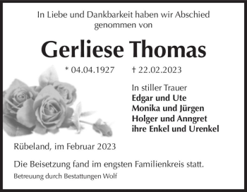 Traueranzeige von Gerliese Thomas  von Magdeburger Volksstimme