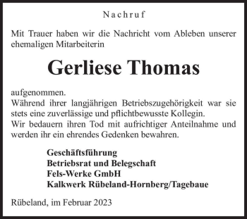 Traueranzeige von Gerliese Thomas  von Magdeburger Volksstimme