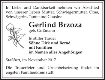 Traueranzeige von Gerlind Brzoza (geb. Gußmann)  von Magdeburger Volksstimme