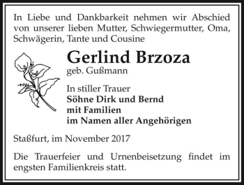 Traueranzeige von Gerlind Brzoza (geb. Gußmann)  von Magdeburger Volksstimme