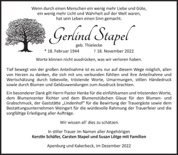 Traueranzeige von Gerlind Stapel (geb. Thielecke)  von Magdeburger Volksstimme