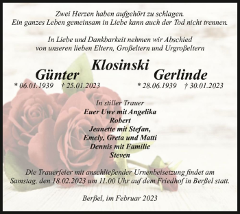 Traueranzeige von Gerlinde & Günter Klosinski  von Magdeburger Volksstimme