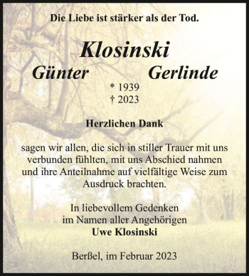 Traueranzeige von Gerlinde & Günter Klosinski  von Magdeburger Volksstimme