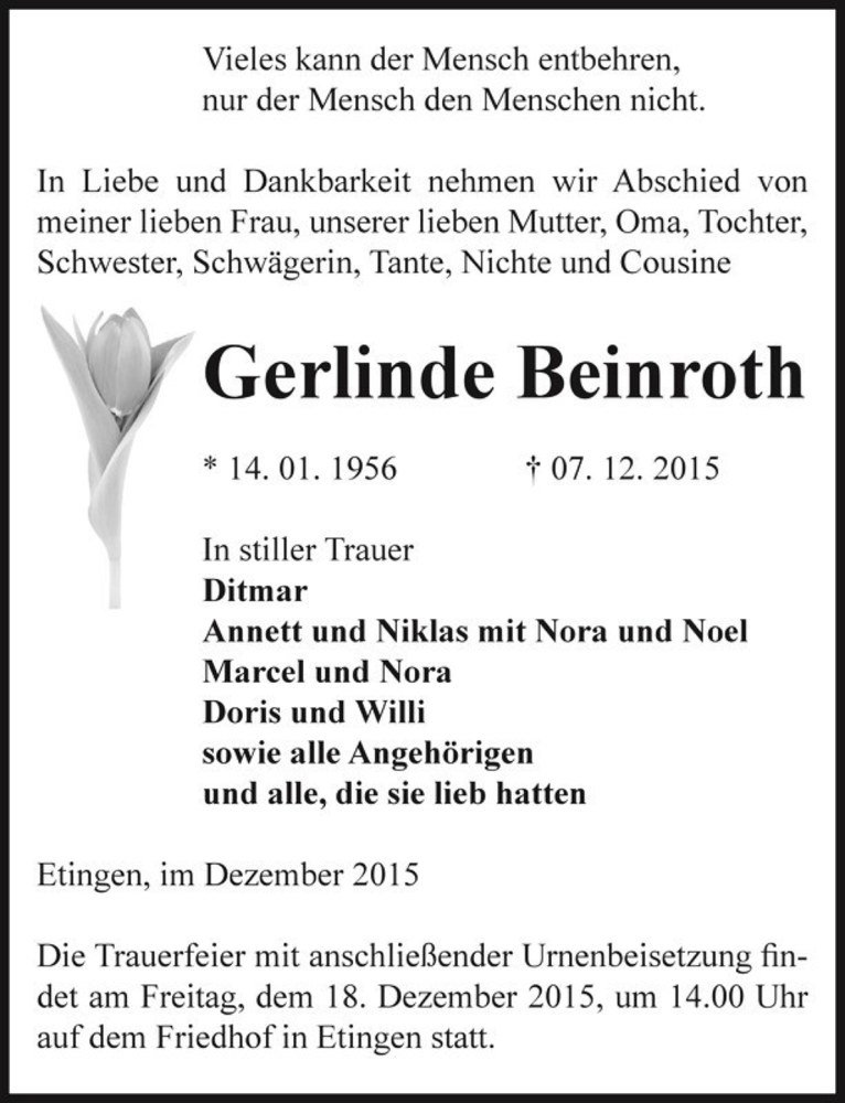  Traueranzeige für Gerlinde Beinroth  vom 09.12.2015 aus Magdeburger Volksstimme