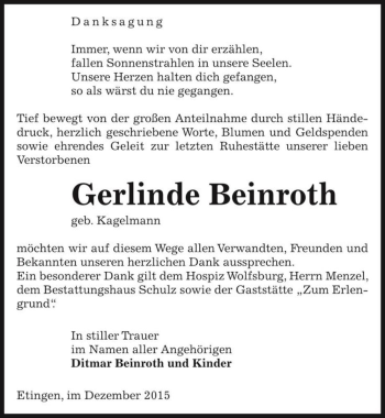 Traueranzeige von Gerlinde Beinroth (geb. Kagelmann)  von Magdeburger Volksstimme