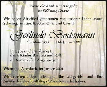 Traueranzeige von Gerlinde Bodemann  von Magdeburger Volksstimme