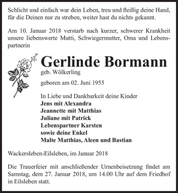 Traueranzeige von Gerlinde Bormann (geb. Wölkerling)  von Magdeburger Volksstimme
