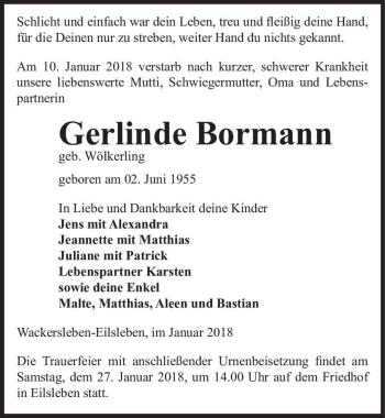 Traueranzeige von Gerlinde Bormann (geb. Wölkerling)  von Magdeburger Volksstimme