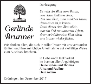 Traueranzeige von Gerlinde Brunner  von Magdeburger Volksstimme