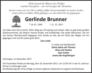 Traueranzeige von Gerlinde Brunner  von Magdeburger Volksstimme