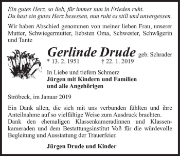 Traueranzeige von Gerlinde Drude (geb. Schrader)  von Magdeburger Volksstimme