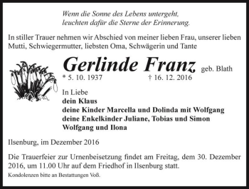 Traueranzeige von Gerlinde Franz (geb. Blath)  von Magdeburger Volksstimme