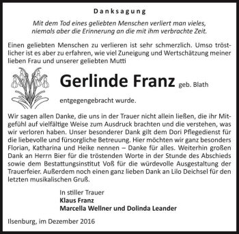 Traueranzeige von Gerlinde Franz (geb. Blath)  von Magdeburger Volksstimme