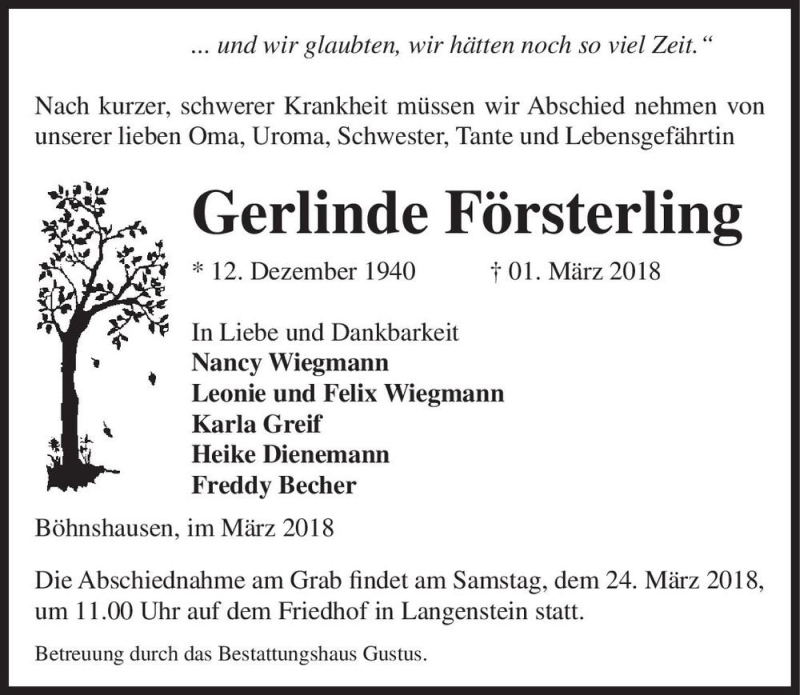  Traueranzeige für Gerlinde Försterling  vom 10.03.2018 aus Magdeburger Volksstimme