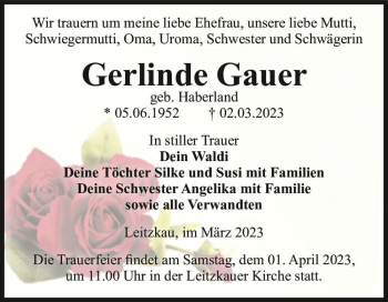 Traueranzeige von Gerlinde Gauer (geb. Haberland)  von Magdeburger Volksstimme