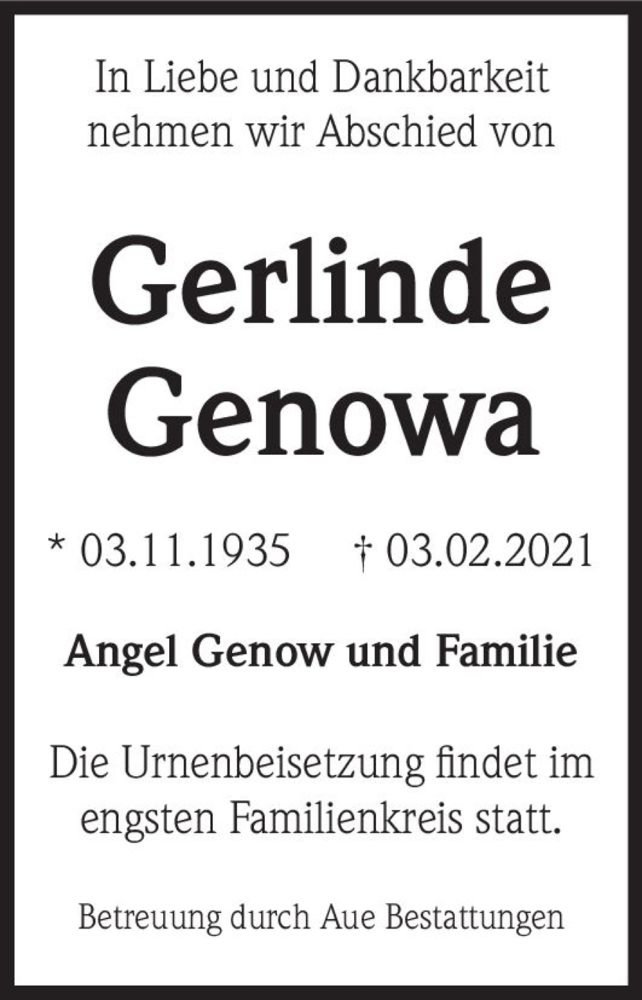  Traueranzeige für Gerlinde Genowa  vom 06.03.2021 aus Magdeburger Volksstimme