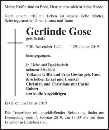 Traueranzeige von Gerlinde Gose (geb. Schulz)  von Magdeburger Volksstimme