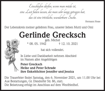 Traueranzeige von Gerlinde Grecksch (geb. Michel)  von Magdeburger Volksstimme