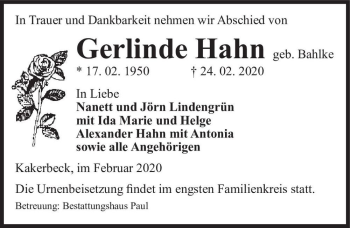 Traueranzeige von Gerlinde Hahn (geb. Bahlke)  von Magdeburger Volksstimme