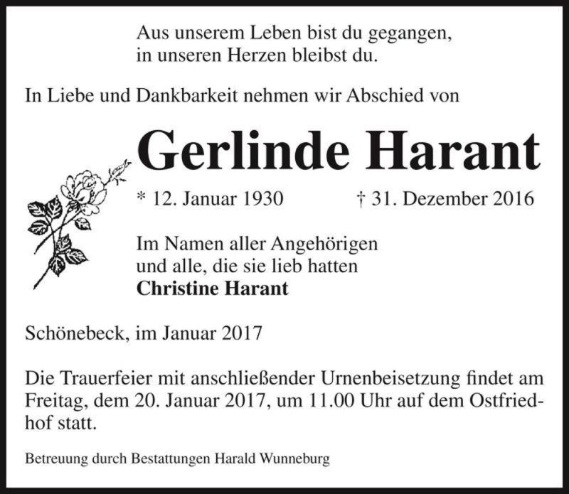  Traueranzeige für Gerlinde Harant  vom 07.01.2017 aus Magdeburger Volksstimme