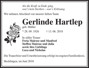 Traueranzeige von Gerlinde Hartlep (geb. Müller)  von Magdeburger Volksstimme