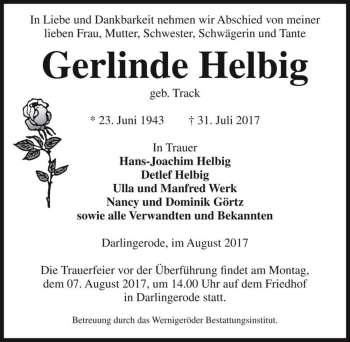 Traueranzeige von Gerlinde Helbig (geb. Track)  von Magdeburger Volksstimme