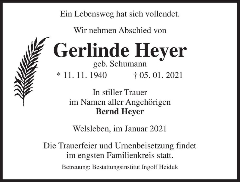  Traueranzeige für Gerlinde Heyer (geb. Schumann)  vom 16.01.2021 aus Magdeburger Volksstimme