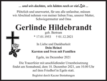 Traueranzeige von Gerlinde Hildebrandt (geb. Bertram)  von Magdeburger Volksstimme