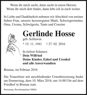Traueranzeige von Gerlinde Hosse (geb. Schlawin)  von Magdeburger Volksstimme