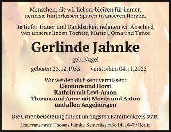 Traueranzeige von Gerlinde Jahnke (geb. Nagel)  von Magdeburger Volksstimme