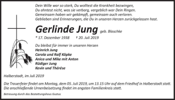 Traueranzeige von Gerlinde Jung (geb. Blaschke)  von Magdeburger Volksstimme