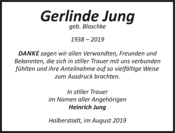 Traueranzeige von Gerlinde Jung (geb. Blaschke)  von Magdeburger Volksstimme