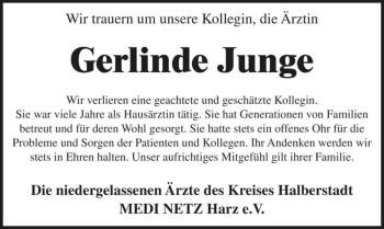 Traueranzeige von Gerlinde Junge  von Magdeburger Volksstimme