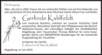 Traueranzeige von Gerlinde Kahlfeld  von Magdeburger Volksstimme