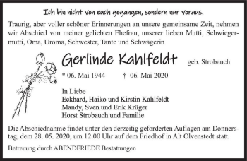 Traueranzeige von Gerlinde Kahlfeldt (geb. Strobauch)  von Magdeburger Volksstimme