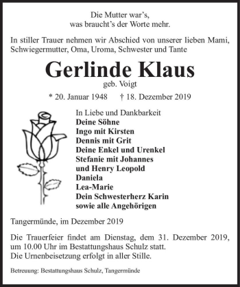 Traueranzeige von Gerlinde Klaus (geb. Voigt)  von Magdeburger Volksstimme