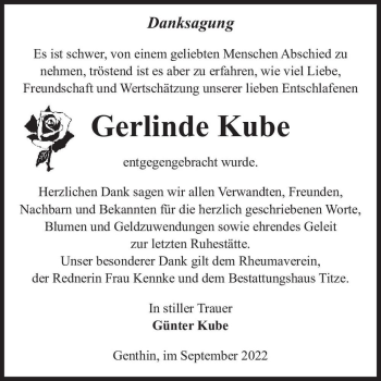 Traueranzeige von Gerlinde Kube  von Magdeburger Volksstimme