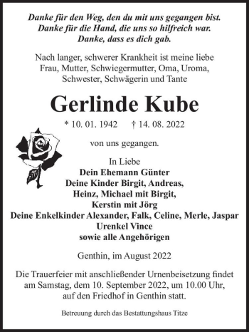 Traueranzeige von Gerlinde Kube  von Magdeburger Volksstimme
