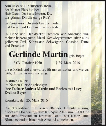 Traueranzeige von Gerlinde Martin (geb. Beyer)  von Magdeburger Volksstimme
