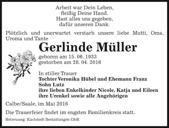 Traueranzeige von Gerlinde Müller  von Magdeburger Volksstimme