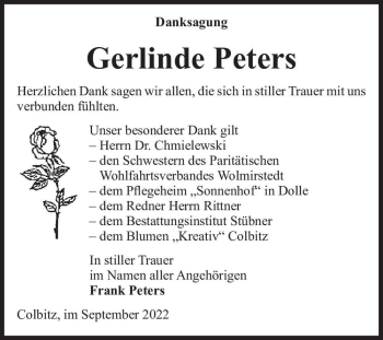 Traueranzeige von Gerlinde Peters  von Magdeburger Volksstimme
