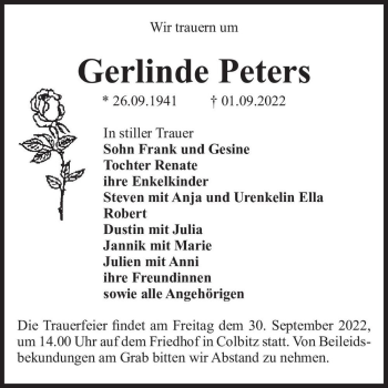 Traueranzeige von Gerlinde Peters  von Magdeburger Volksstimme
